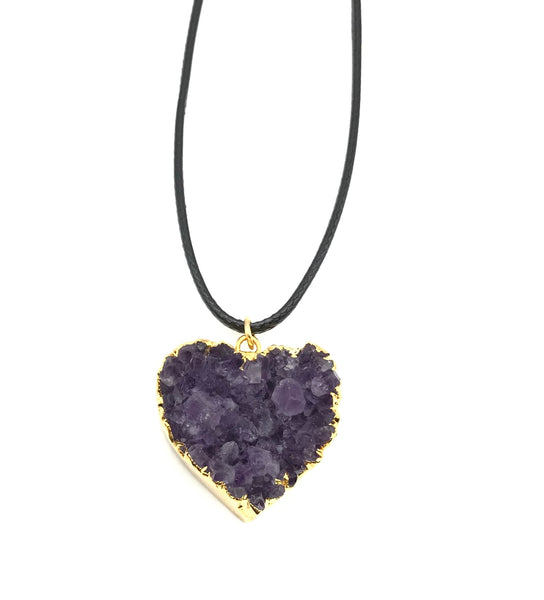 Natural Druzy Amethyst Gold Heart Gemstone Crystal Pendant Hypoallergenic Cord Necklace 16 to 28 Inches Unisex