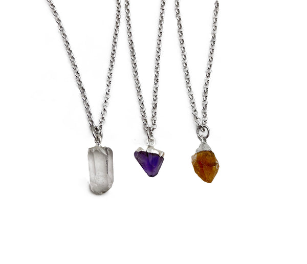 Petite Natural Quartz Gemstone Crystal Pendant 18" Necklace