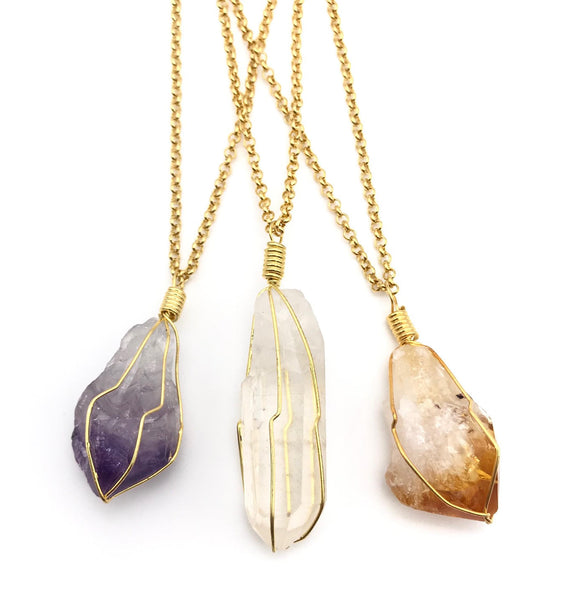Natural Gold Amethyst Caged Gemstone Crystal Pendant Necklace