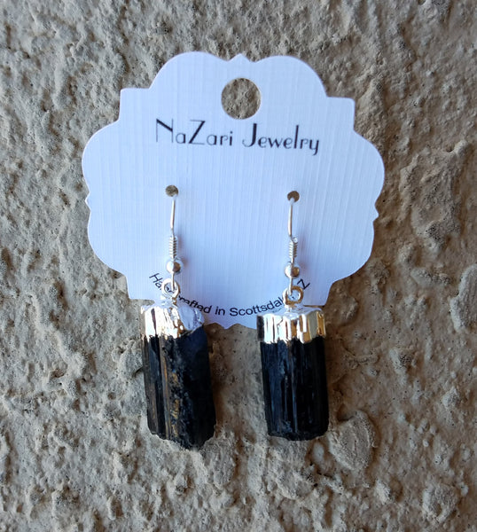 Raw Black Tourmaline Chunk Surgical Steele Dangle Earrings Unisex