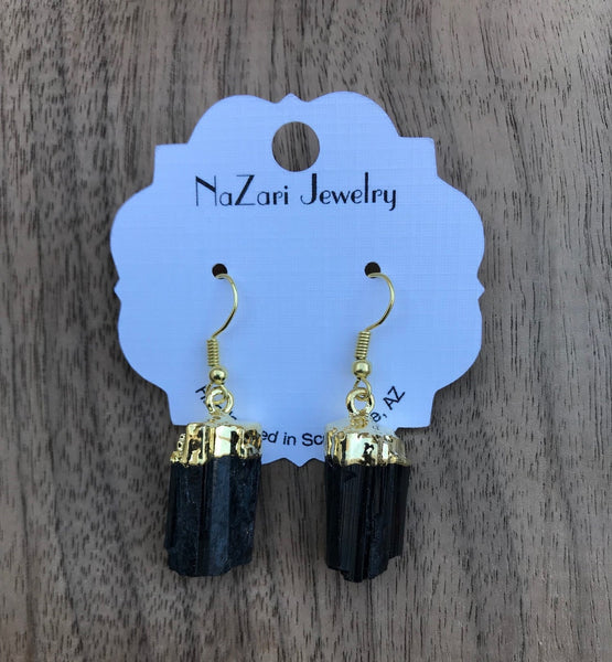 Raw Black Tourmaline Chunk Gold Dangle Earrings Unisex