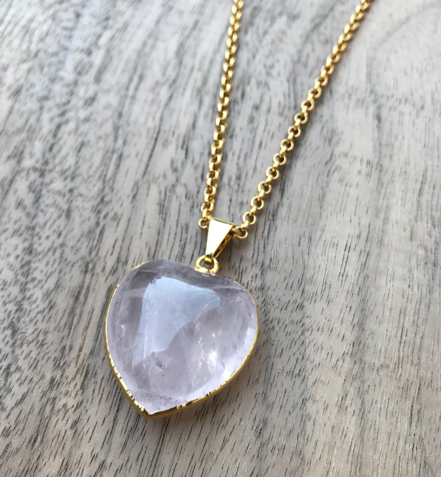 Natural Rose Quartz Puffy Heart Gemstone Crystal Pendant Necklace