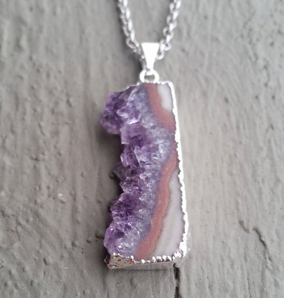 Natural Amethyst Slice Gemstone Crystal Pendant Necklace