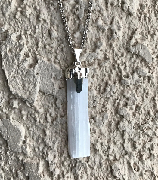 Natural Selenite And Black Tourmaline Gemstone Crystal Pendant Necklace