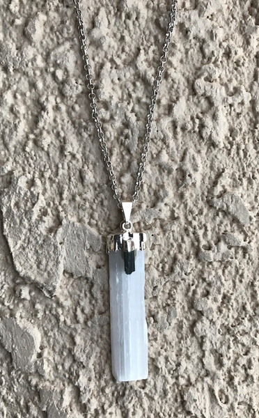 Natural Selenite And Black Tourmaline Gemstone Crystal Pendant Necklace