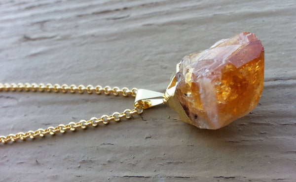 Natural Gold Citrine Gemstone Crystal Pendant Necklace