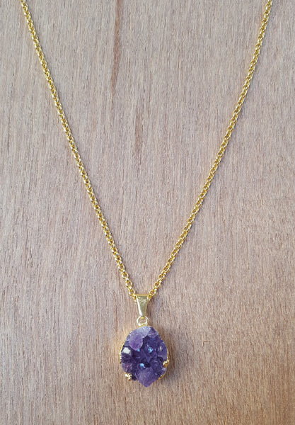 Natural Gold Druze Amethyst Gemstone Crystal Pendant Necklace