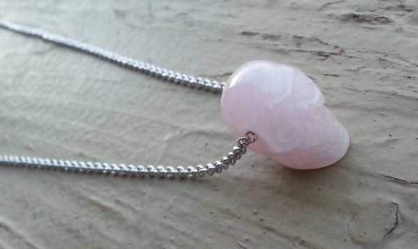 Natural Rose Quartz Skull Gemstone Crystal Pendant Necklace