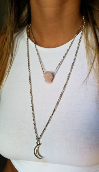 Natural Rose Quartz Skull Gemstone Crystal Pendant Necklace