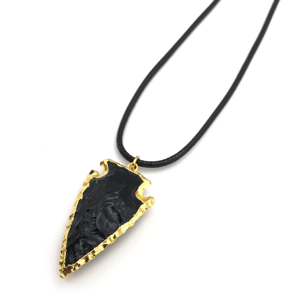 NATURAL BLACK OBSIDIAN GOLD ARROWHEAD HYPOALLERGENIC CORD NECKLACE 16 to 28 INCHES UNISEX