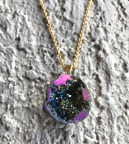 Natural Moroccan Rainbow Geo Crystal Pendant Necklace