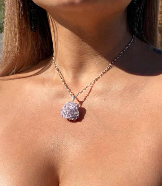 Natural Lepidolite Gemstone Crystal Pendant Necklace