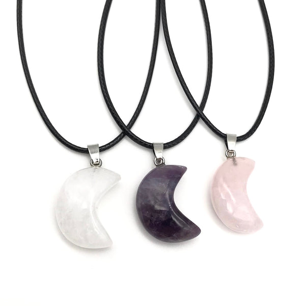 ROSE QUARTZ CRESCENT MOON CORD NECKLACE 16 to 28 INCHES UNISEX