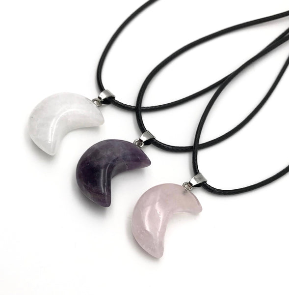 ROSE QUARTZ CRESCENT MOON CORD NECKLACE 16 to 28 INCHES UNISEX