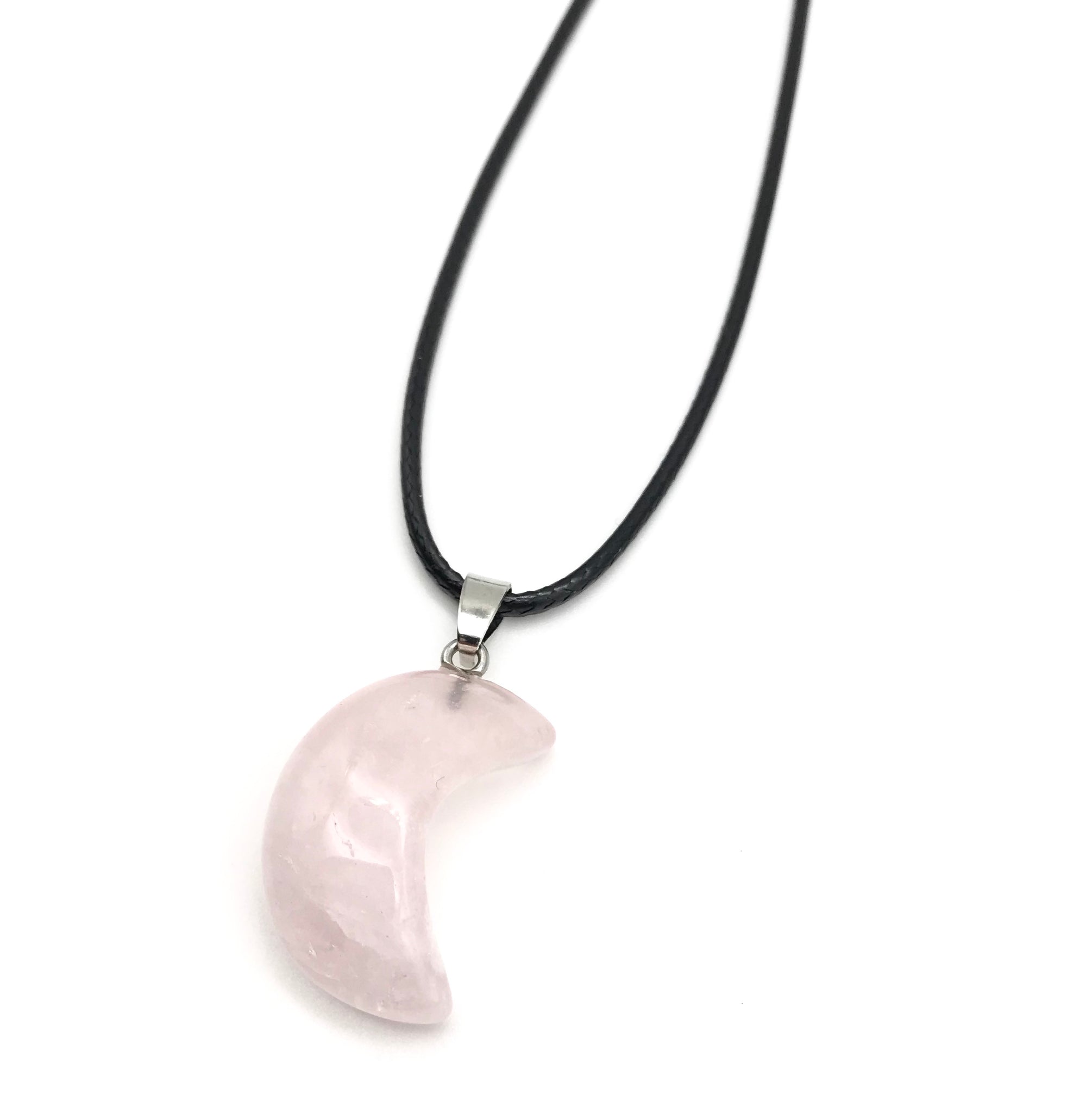 ROSE QUARTZ CRESCENT MOON CORD NECKLACE 16 to 28 INCHES UNISEX