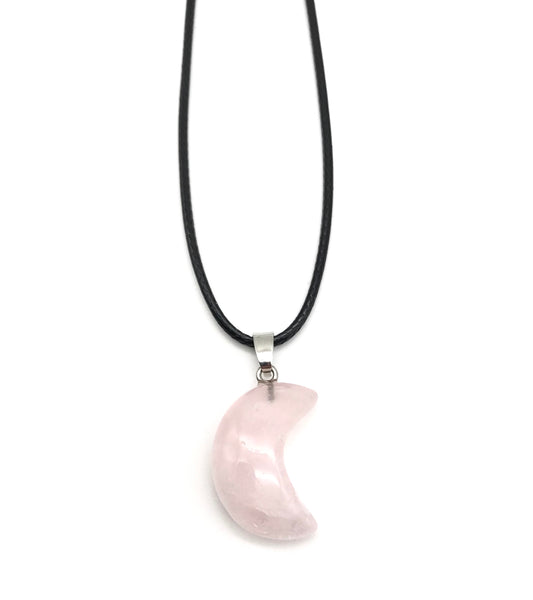 ROSE QUARTZ CRESCENT MOON CORD NECKLACE 16 to 28 INCHES UNISEX