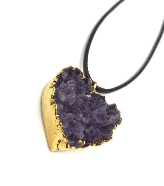 Natural Druzy Amethyst Gold Heart Gemstone Crystal Pendant Hypoallergenic Cord Necklace 16 to 28 Inches Unisex