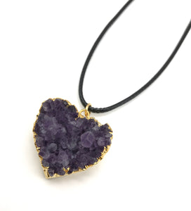 Natural Druzy Amethyst Gold Heart Gemstone Crystal Pendant Hypoallergenic Cord Necklace 16 to 28 Inches Unisex