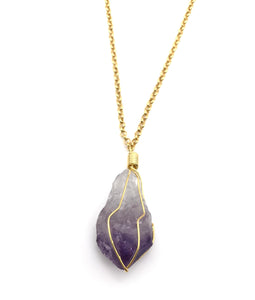 Natural Gold Amethyst Caged Gemstone Crystal Pendant Necklace