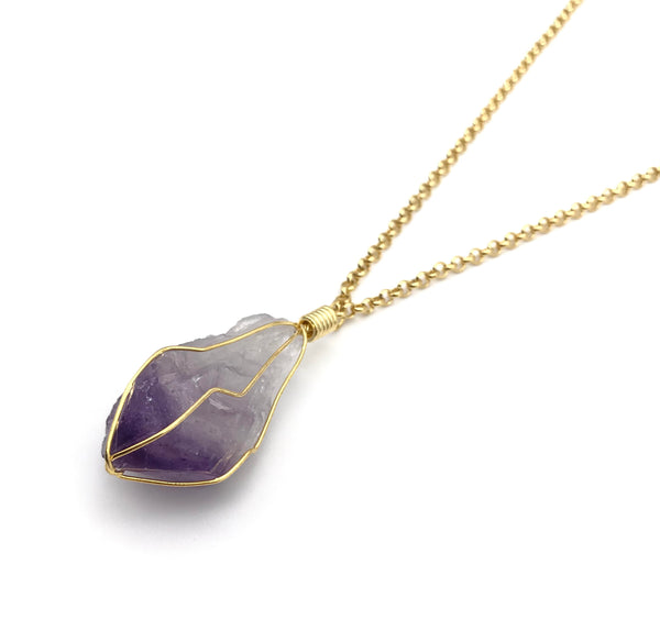 Natural Gold Amethyst Caged Gemstone Crystal Pendant Necklace