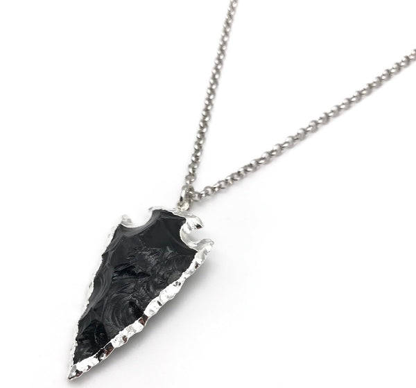 Natural Black Obsidian Arrowhead Crystal Pendant Necklace