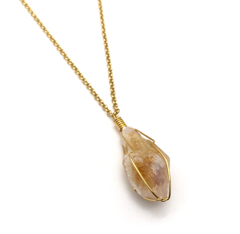 Natural Gold Citrine Caged Gemstone Crystal Pendant Necklace