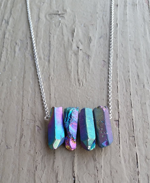 Natural Rainbow Quartz Aura Gemstone Crystal Pendant Necklace