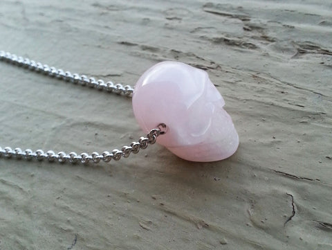 Natural Rose Quartz Skull Gemstone Crystal Pendant Necklace