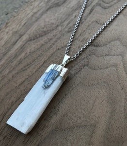 Natural Selenite And Kyanite Crystal Pendant Necklace