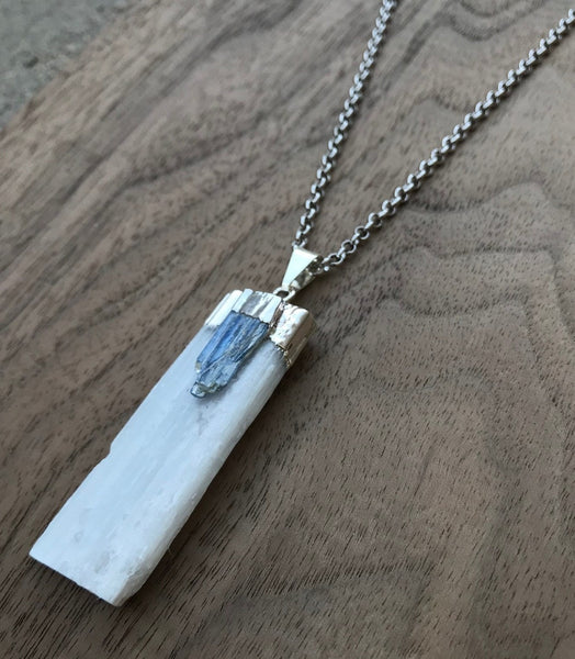 Natural Selenite And Kyanite Crystal Pendant Necklace