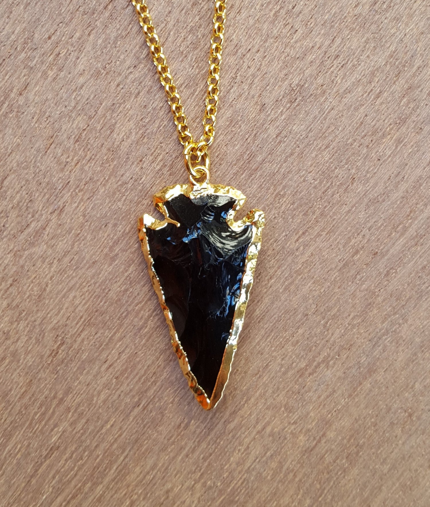 Natural Gold Black Obsidian Arrowhead Gemstone Crystal Pendant