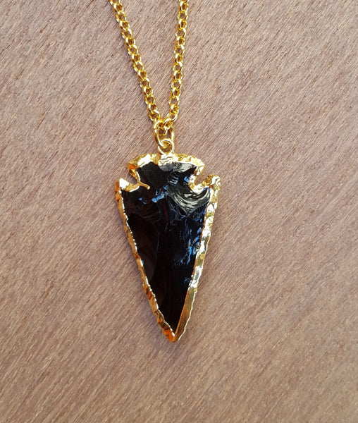 Natural Gold Black Obsidian Arrowhead Gemstone Crystal Pendant Necklace