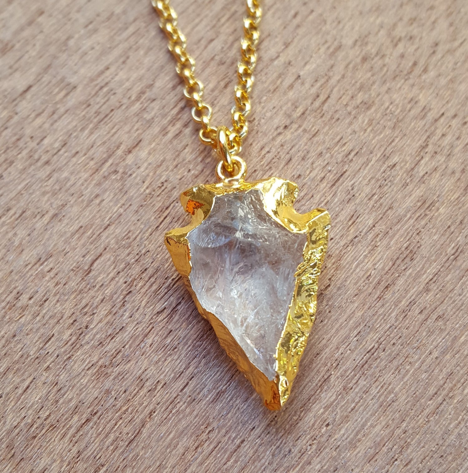 Natural Gold Rose Quartz Arrowhead Gemstone Crystal Pendant Necklace