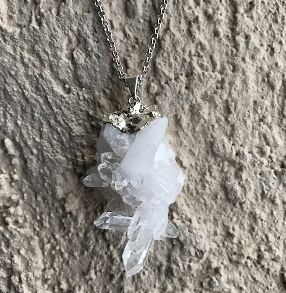 Natural Silver Quartz Cluster Gemstone Crystal Pendant Necklace