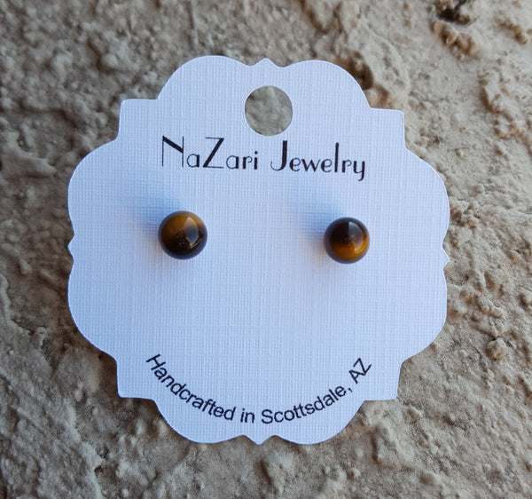 Natural Tigers Eye Round Stud Earrings
