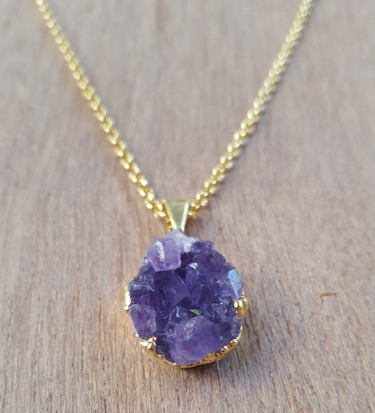Natural Gold Druze Amethyst Gemstone Crystal Pendant Necklace