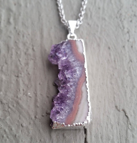 Natural Amethyst Slice Gemstone Crystal Pendant Necklace