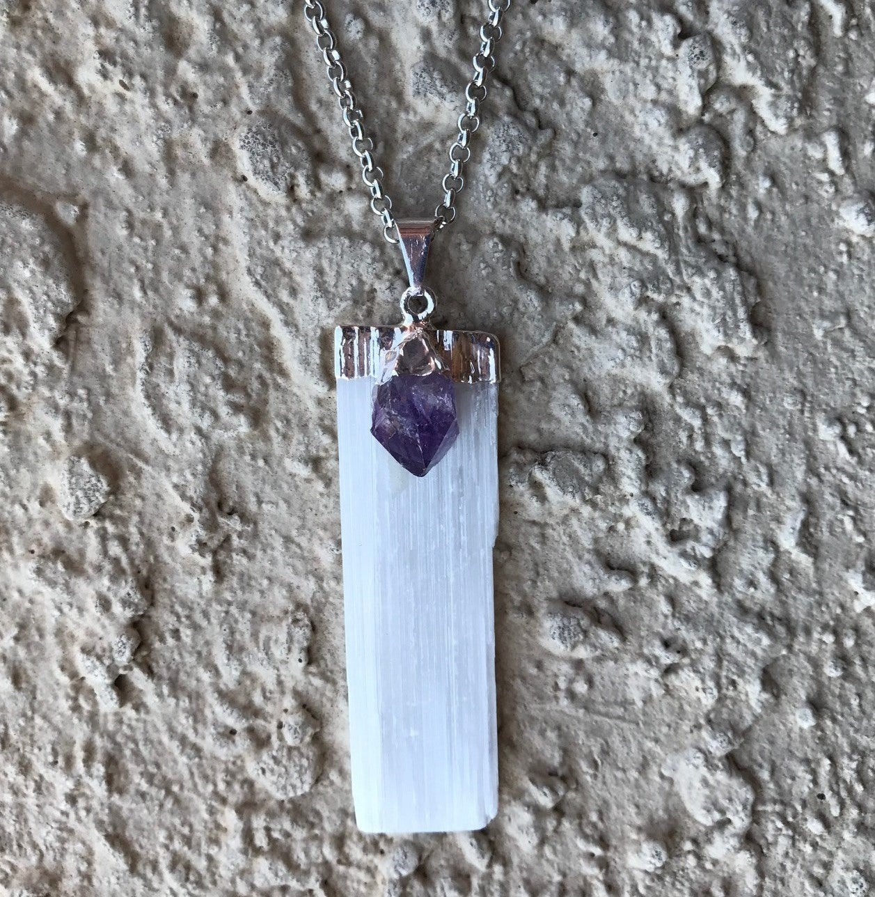 Natural Selenite And Amethyst Gemstone Crystal Pendant Necklace