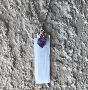 Natural Selenite And Amethyst Gemstone Crystal Pendant Necklace