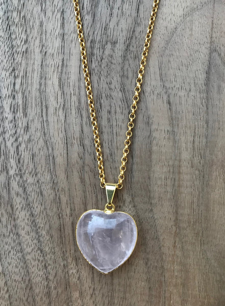 Natural Rose Quartz Puffy Heart Gemstone Crystal Pendant Necklace