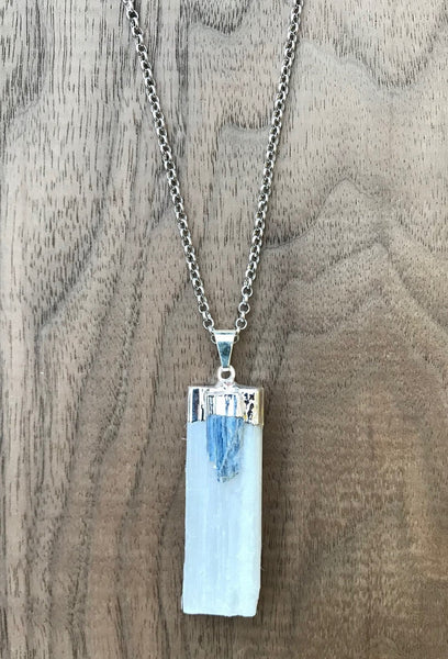 Natural Selenite And Kyanite Crystal Pendant Necklace