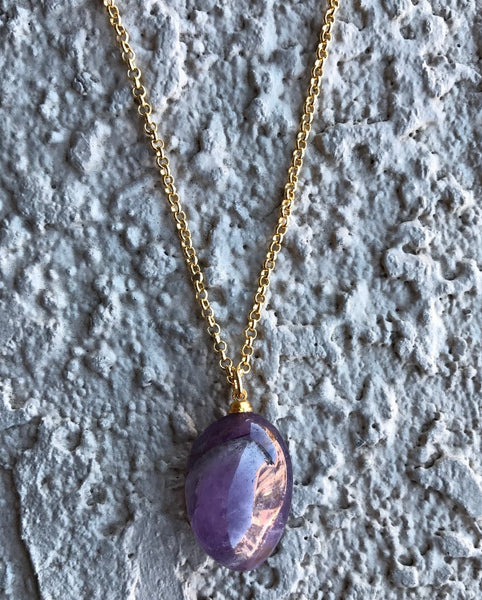 Natural Gold Amethyst Tumbled Gemstone Crystal Pendant Necklace