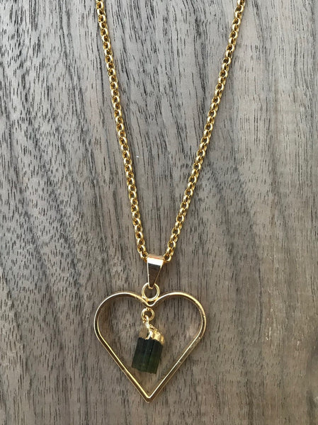 Natural Gold Black Tourmaline Heart Gemstone Pendant Necklace