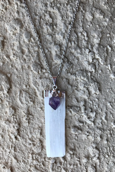 Natural Selenite And Amethyst Gemstone Crystal Pendant Necklace
