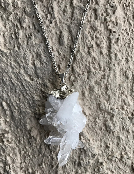 Natural Silver Quartz Cluster Gemstone Crystal Pendant Necklace