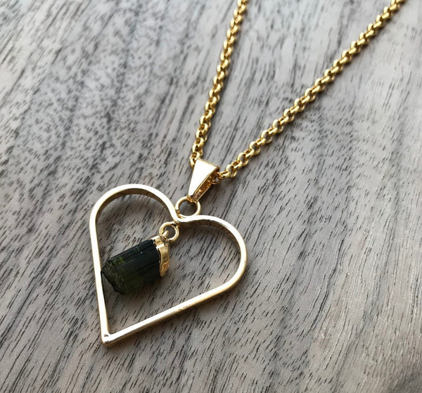 Natural Gold Black Tourmaline Heart Gemstone Pendant Necklace