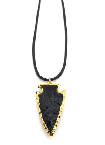NATURAL BLACK OBSIDIAN GOLD ARROWHEAD HYPOALLERGENIC CORD NECKLACE 16 to 28 INCHES UNISEX