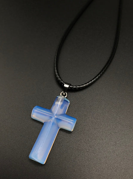 OPALITE CROSS STONE CORD NECKLACE 16 to 28 INCHES UNISEX