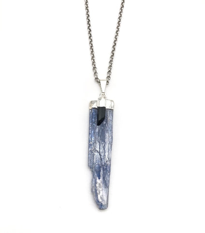 Natural Kyanite And Black Tourmaline Gemstone Crystal Pendant Necklace