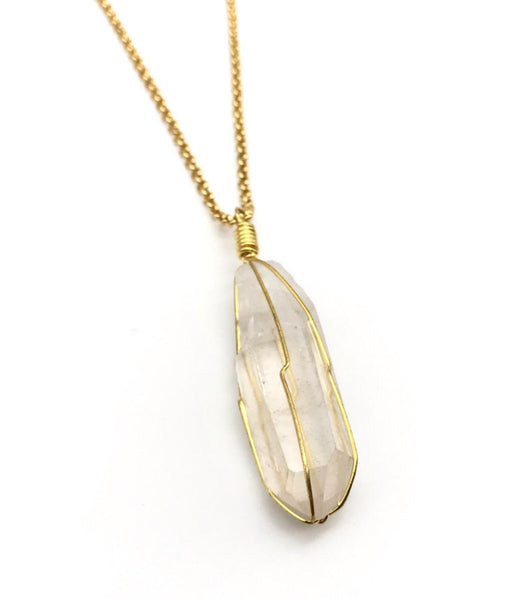 Natural Gold Caged Quartz Crystal Pendant Necklace